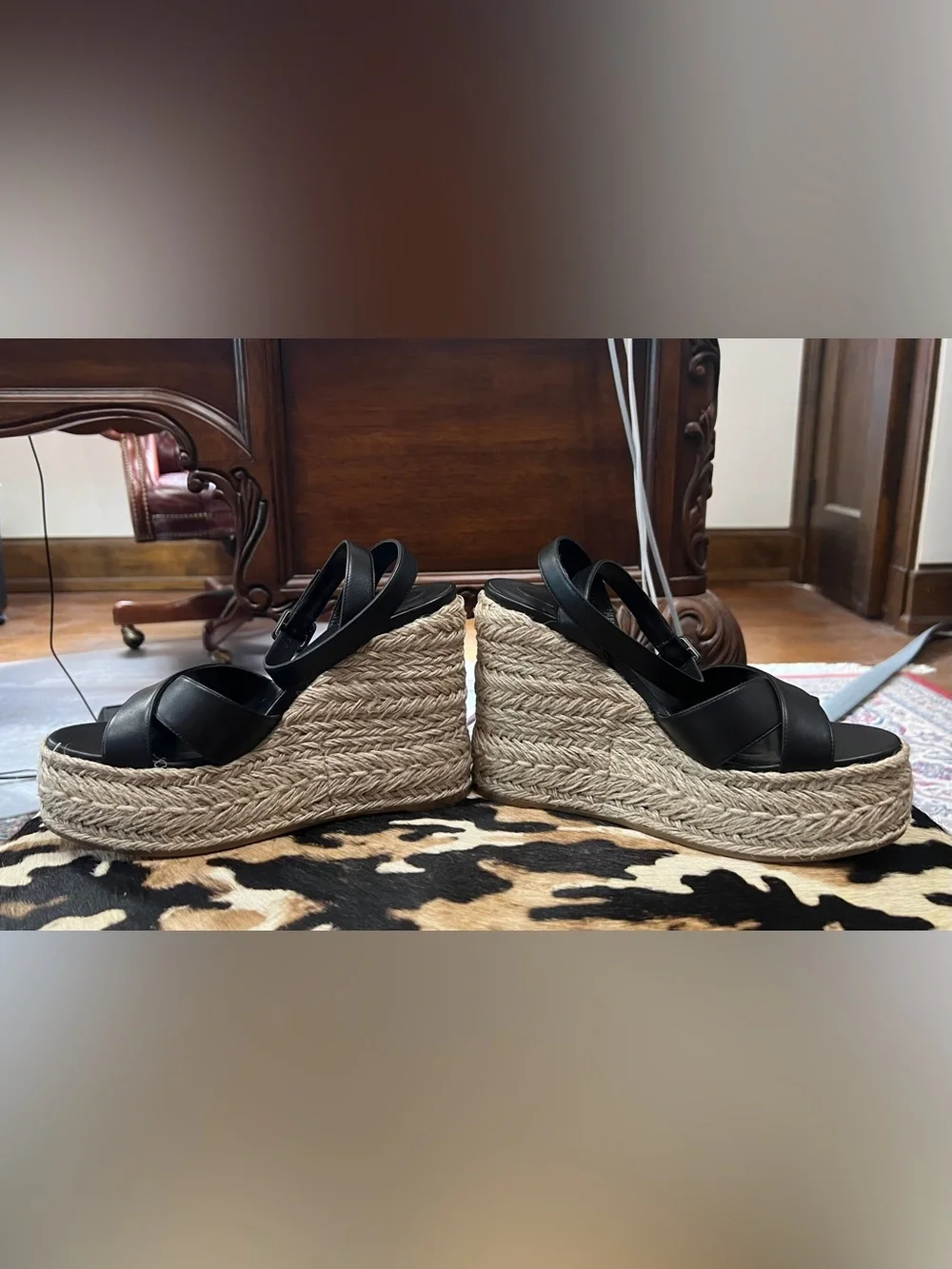 Christian Louboutin Mariza Zeppa Black Leather Espadrille Wedge Sandals 39 NWOT
